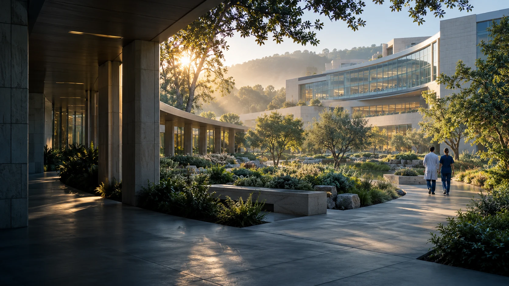 Illustrative medical campus at sunrise, with healthcare professionals walking through a garden